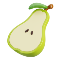 Fresh green pear half with leaf isolated. Cartoon fruits icon. 3d render illustration. png