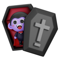 divertente Halloween cartone animato personaggio vampiro dracula nel bara isolato. 3d rendere illustrazione png