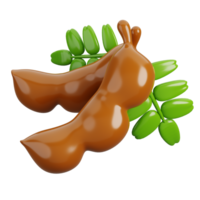 Fresh Tamarind fruits with green leaves isolated. Cartoon fruits icon. 3d render illustration. png