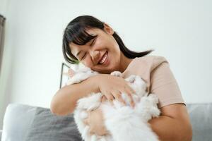 contento mujer jugando con gato en acogedor vivo habitación a hogar. foto