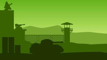 Military base landscape vector illustration. Silhouette of military base gate with guard post and tank. Military landscape for background, wallpaper or landing page