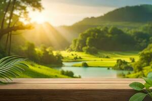 A Product Display table in the middle of a Forest Scenery Photo Premade background AI Generative