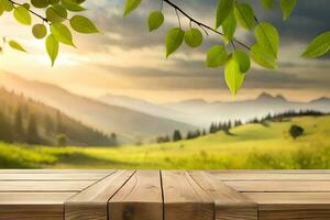 An empty rustic wood table in the middle of a nature background photo