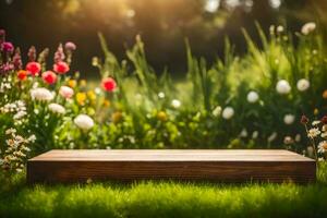 un rústico de madera pedestal rodeado por flores en el otoño naturaleza paisaje foto antecedentes ai generativo