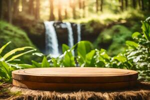 An Empty Rustic Wooden Product Display Podium In The Middle Of A Waterfall Forest Premade Photo Mockup Background AI Generative