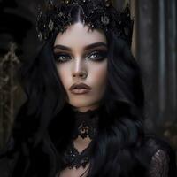 a beautiful woman in long black hair with the smoky eye makeup ai generated photo