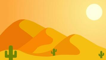 Desert landscape vector illustration. Sand desert landscape with heat sun and cactus. Subtropical desert landscape for background, wallpaper or landing page