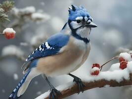 azul arrendajo pájaro en el nieve ai generado foto