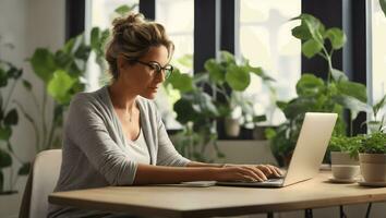 Adult woman at home surfing the net using laptop AI Generated photo