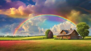 Rainbow in sky clouds over rural house lawn summer field country landscape AI Generated photo