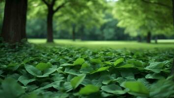 Dark green leaves in the park background image, Panorama AI Generated photo