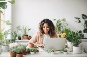 sonriente joven mujer trabajando en ordenador portátil a un mesa con plantas de interior ai generativo. foto