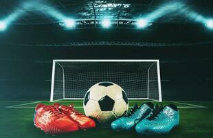 Two pairs of soccer shoes and a ball on the ground as a sign of challenge photo