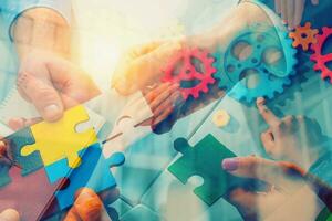 Team working background with puzzles and gears. double exposure effects photo