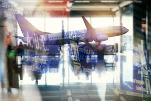 Double exposure of business travel and airplane photo