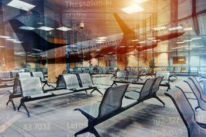 Double exposure of business travel and airplane photo