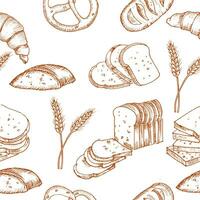 Hand Drawn Bread and Wheat Grass Seamless Pattern vector