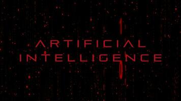 Danger of Artificial Intelligence words in dangerous red with red matrix background of animated binary code falling down from top with glitch animation or fading of artificial intelligence word binary video