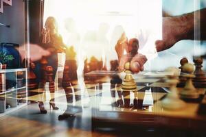 Silhouette of business people in the office. double exposure with chessboard photo