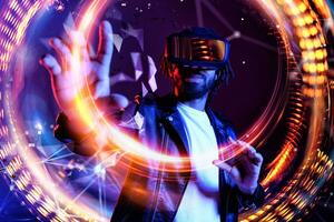 Man with vr glasses watches something in the futuristic metaverse photo