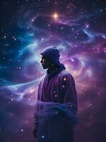 portrait of a person with a galaxy background, AI generated photo