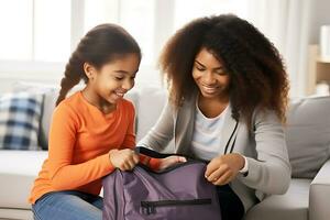 African American mother helping her child pack her child's school backpack in the living room at home. AI Generative photo