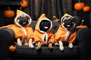 Three puppies in Halloween costumes pose for the camera while sitting on the black couch. AI Generative photo