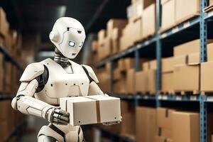 Humanoid robot arranges boxes in a warehouse. AI Generative photo
