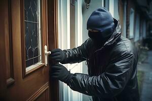 un ladrón en un negro chaqueta, pasamontañas y guantes es molesto a abierto el puerta a un Departamento edificio. ai generativo foto