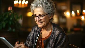 un hermosa pensionista mujer sostiene un teléfono en su manos y escribe alguna cosa abajo. mujer sentado a hogar, estudiando, chateando en línea o acecho video. ai generativo foto