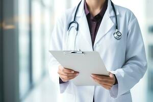 AI Generative.  A doctor in a white coat stands in the corridor with a clipboard in his hands. Horizontal photo