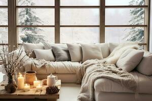 AI Generative. Cozy and stylish living room with a soft sofa decorated with a fluffy blanket and soft pillows. Horizontal photo