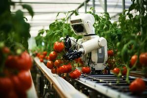 AI Generative. Modern Robot with artificial intelligence harvest organic plants in an urban greenhouse. New technologies in agriculture. Horizontal photo