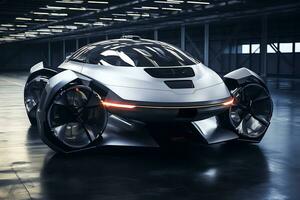 AI generative. The design of the car of the future in a dark color, with a streamlined body and huge wheels. photo