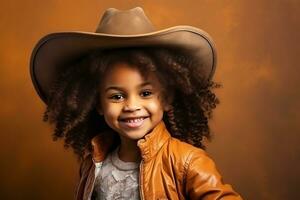 AI Generative. African-American cowgirl child in light brown cowboy hat posing on brown background, smiling and looking at camera. Horizontal photo
