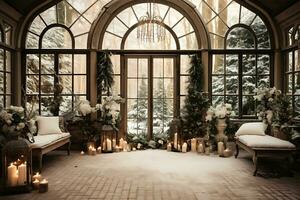 AI Generative. Winter garden with large windows decorated with Christmas tree branches and burning candles. Horizontal photo
