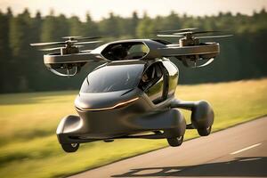 AI generative. Flying car, car and  drone. The concept of transport of the future. photo