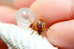 AI Generative. A bed bug before being placed in a plastic container. Close-up. photo