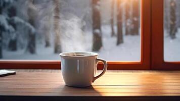 taza de café con invierno árbol escena de ai generado video