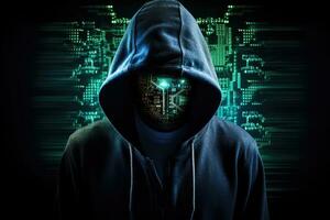 encapuchado hacker con brillante binario código en oscuro antecedentes. hackear concepto, hacker en capucha y circuito tablero en negro antecedentes. ciber ataque concepto, ai generado foto