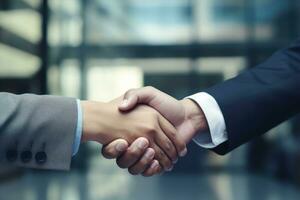 Close up of business people shaking hands in office. Handshake concept, handshaking close up, to businessman shaking hand close up, AI Generated photo