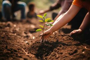 Close up of young man and woman planting tree in fertile soil, Group of people planting seedlings in the ground, close-up, AI Generated photo