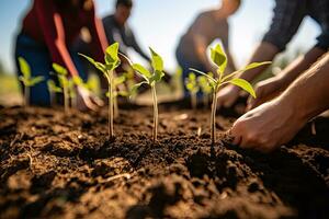 Young plant seedling growing in fertile soil on blurred background of group of people, Group of people planting seedlings in the ground, close-up, AI Generated photo