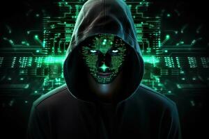 Hacker with mask and binary code on dark background 3D rendering, Hacker in hood and circuit board on Black background. Cyber attack concept, AI Generated photo