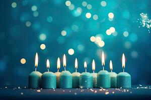 Candles on blue background with bokeh effect. 3d rendering, Happy birthday candles on blue background with copy space for text, AI Generated photo