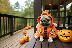 A puppy in an orange cape sits on a wooden porch of a house next to a pumpkins. Halloween celebration concept.  AI Generative photo