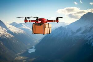 AI generative. A drone delivers food, drinks or medicine in a cardboard box while flying over the mountains. H photo