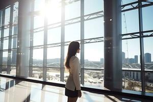 un adulto niña soportes dentro un edificio cerca solar ventanas o transparente solar paneles ai generativo foto