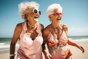 AI Generative. Two elderly women in bright summer clothes relax on the beach. Women in sunglasses laughing. Horizontal photo