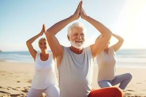 AI Generative. Group of seniors doing yoga on the beach in sunny weather. Horizontal photo